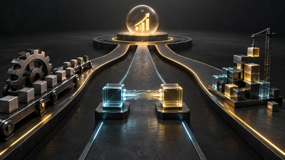 Tres vías visuales muestran una línea de trabajo automatizada, módulos tecnológicos conectados y una estructura de bloques en construcción.