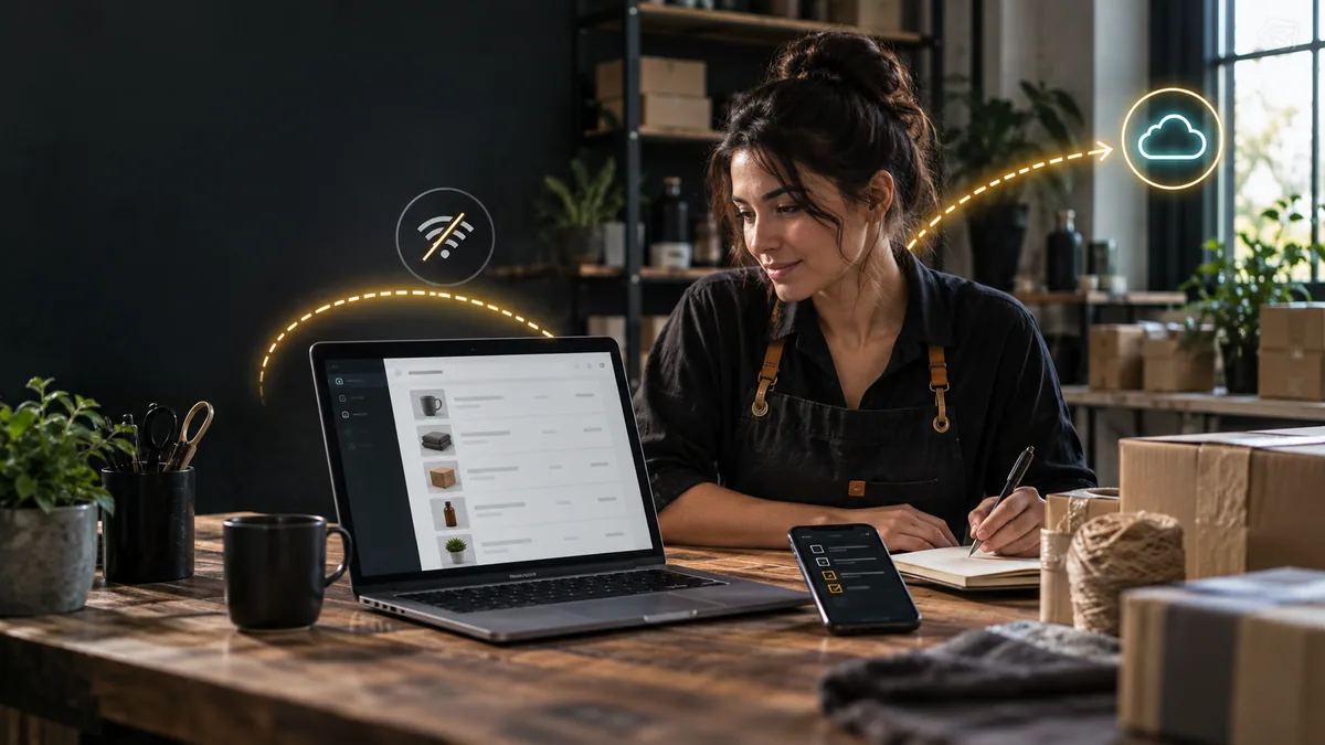 Una mujer usa una laptop y un teléfono; los símbolos de wifi y nube ilustran el trabajo sin conexión y la sincronización.